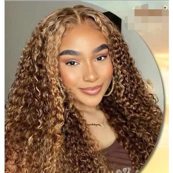 Honey brown HUMAN HAIR SYNTHETIC BLEND CURLY Wig. Glueless pre cut lace front